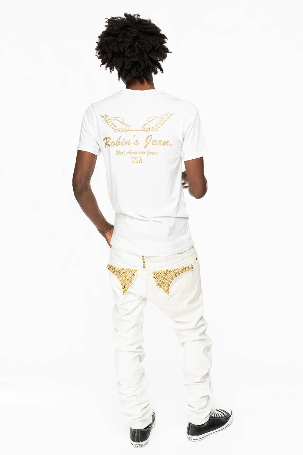 MENS LONG FLAP SLIM JEANS WITH PARACHUTE STUDS AND AURUM CRYSTALS IN PURE WHITE BROKEN REPAIRED DNM sold by Robin's Jean product image thumbnail 5