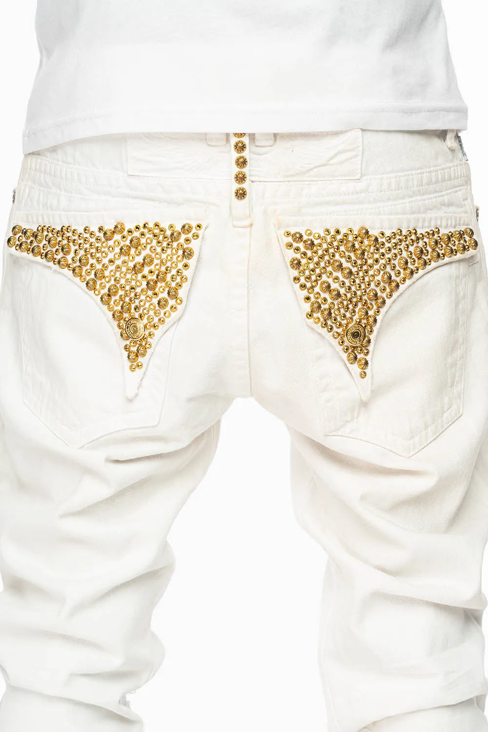 MENS LONG FLAP SLIM JEANS WITH PARACHUTE STUDS AND AURUM CRYSTALS IN PURE WHITE BROKEN REPAIRED DNM sold by Robin's Jean product image thumbnail 2
