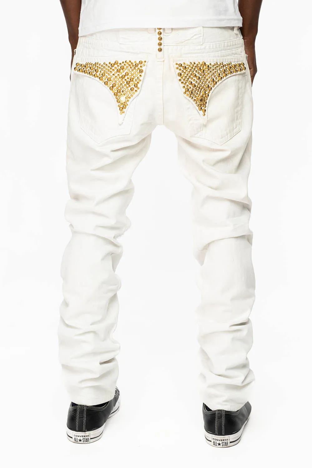MENS LONG FLAP SLIM JEANS WITH PARACHUTE STUDS AND AURUM CRYSTALS IN PURE WHITE BROKEN REPAIRED DNM sold by Robin's Jean
