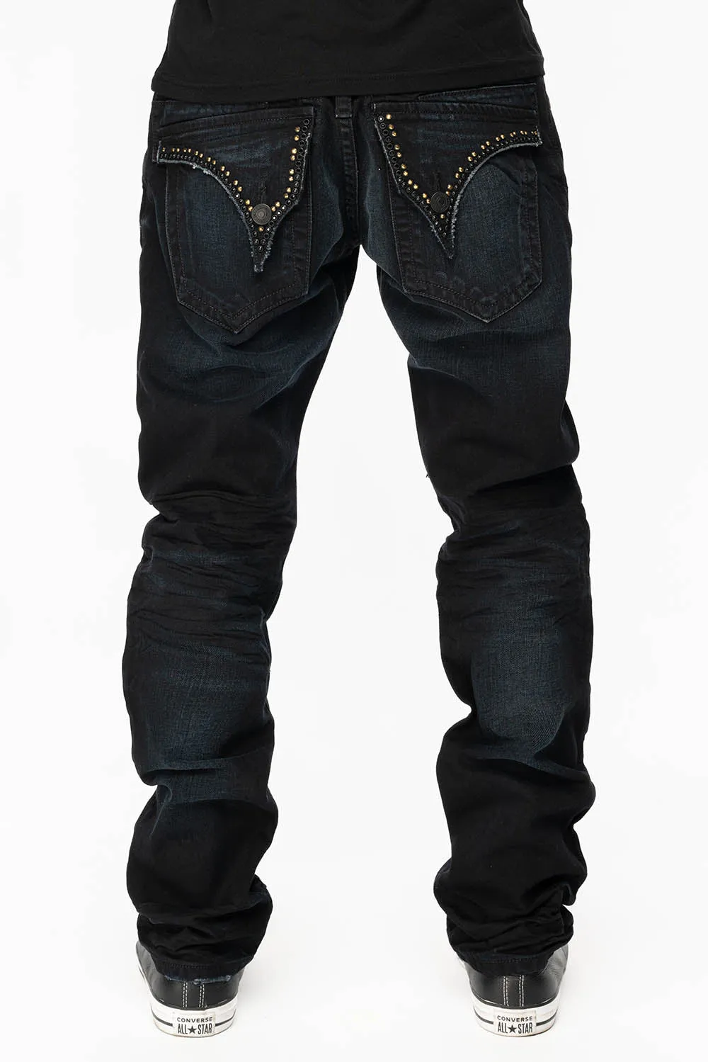 DRAGON EMBROIDERED MENS LONG FLAP SLIM JEANS WITH CRYSTALS IN F-UP BLACK WASH sold by Robin's Jean product image thumbnail 5