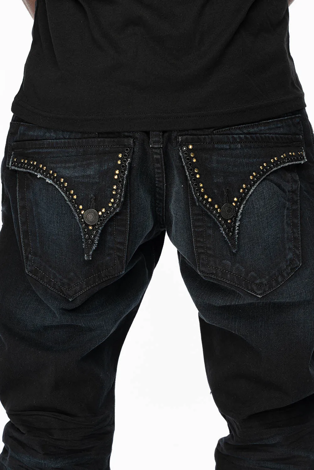 DRAGON EMBROIDERED MENS LONG FLAP SLIM JEANS WITH CRYSTALS IN F-UP BLACK WASH sold by Robin's Jean product image thumbnail 2