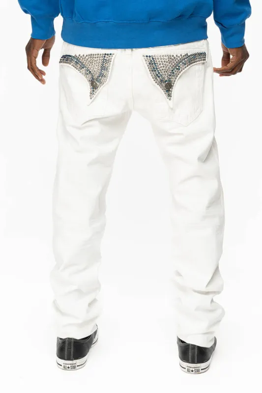 MENS LONG FLAP SLIM JEANS WITH FULL CLEAR  & SAPPHIRE CRYSTALS IN PURE WHITE DNM sold by Robin's Jean