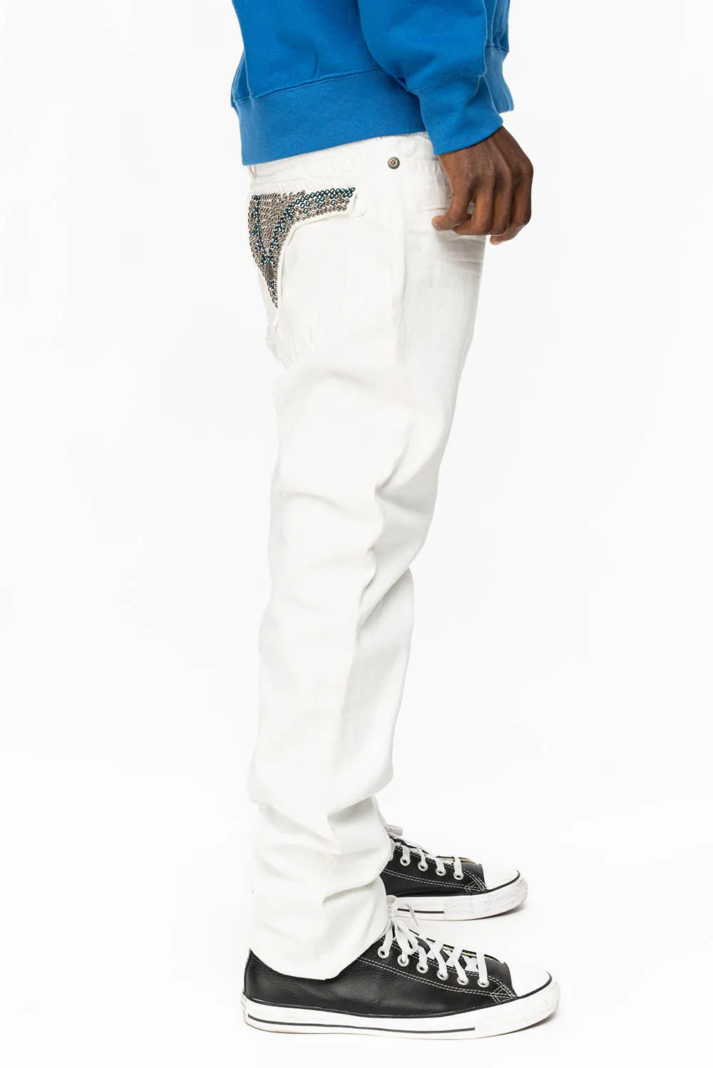 MENS LONG FLAP SLIM JEANS WITH FULL CLEAR & SAPPHIRE CRYSTALS IN PURE WHITE DNM sold by Robin's Jean product image thumbnail 3