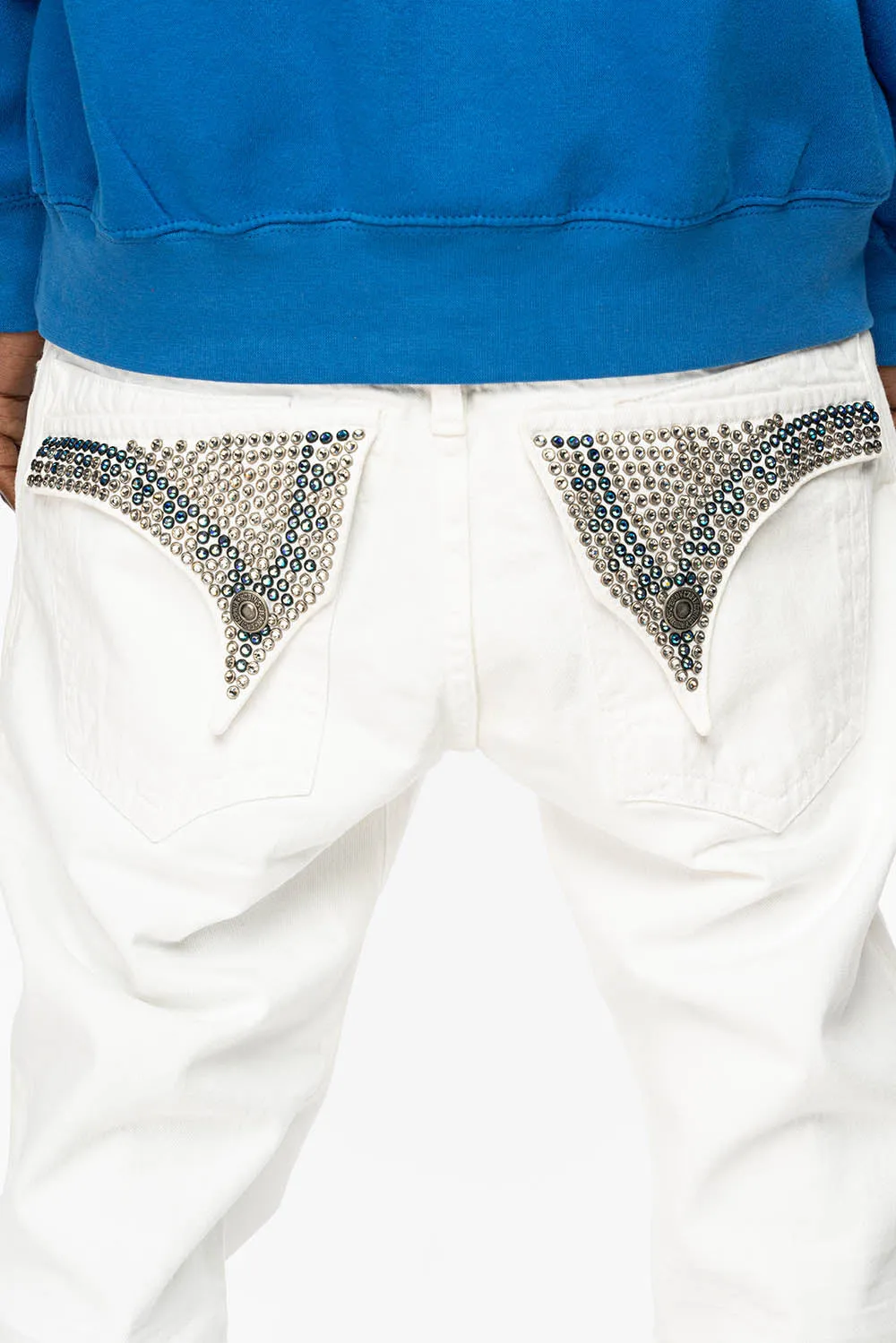 MENS LONG FLAP SLIM JEANS WITH FULL CLEAR & SAPPHIRE CRYSTALS IN PURE WHITE DNM sold by Robin's Jean product image thumbnail 4
