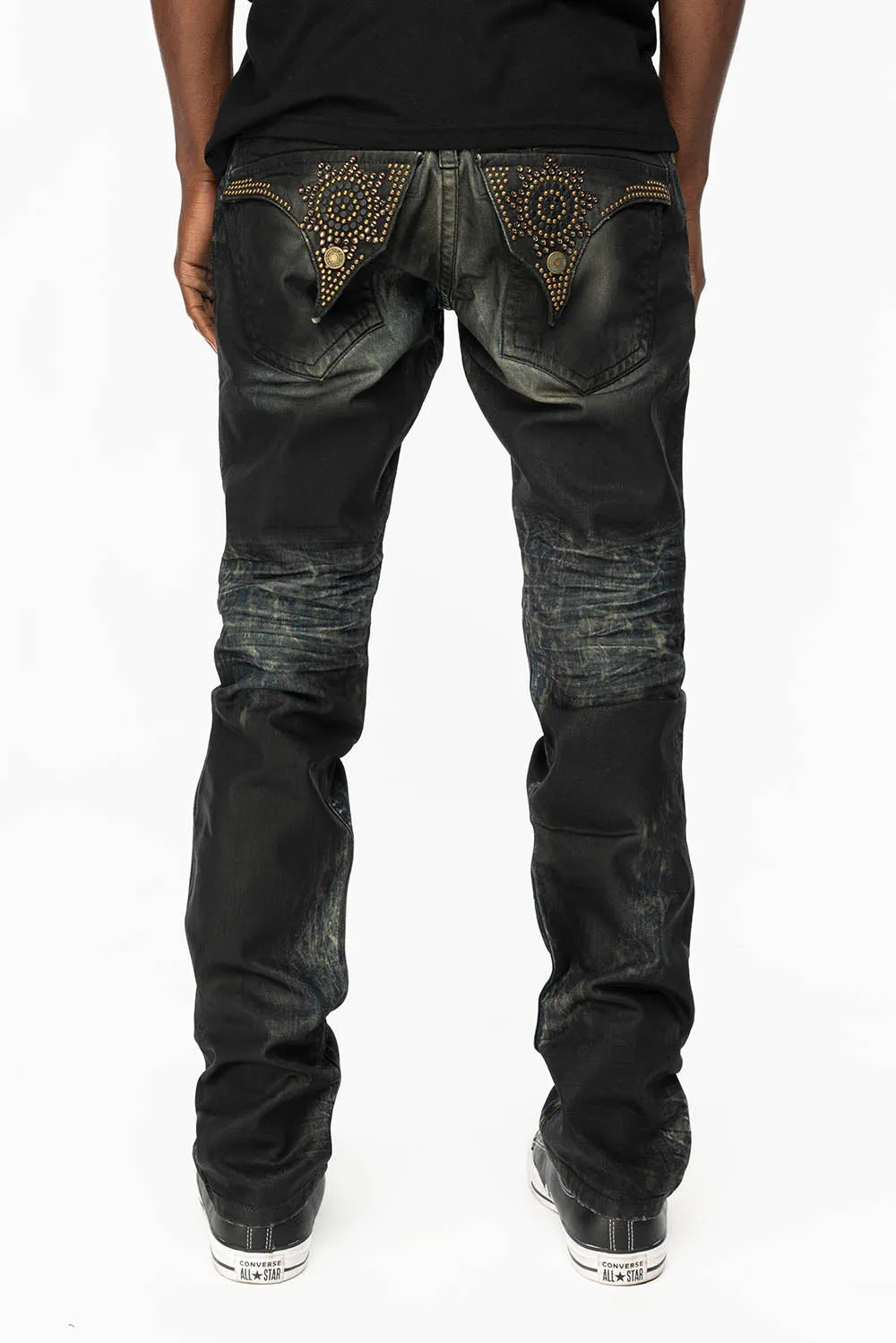 MENS LONG FLAP SLIM JEANS WITH CRYSTALS AND NAILHEADS IN 5D SEMI COATING DNM sold by Robin's Jean product image thumbnail 3