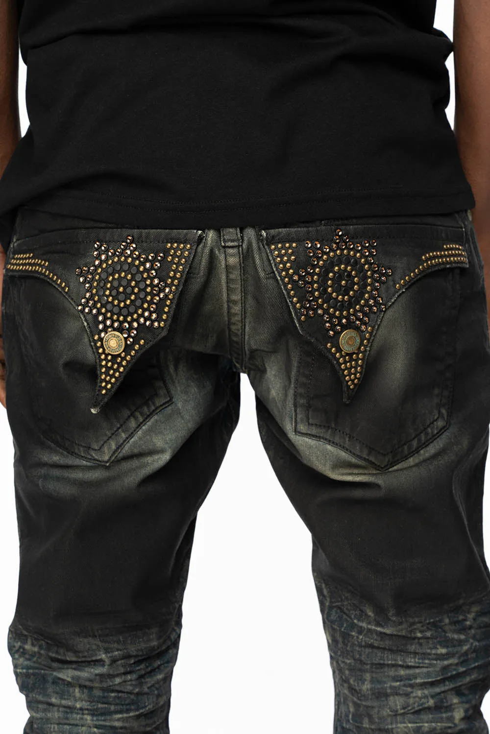 MENS LONG FLAP SLIM JEANS WITH CRYSTALS AND NAILHEADS IN 5D SEMI COATING DNM sold by Robin's Jean product image thumbnail 4