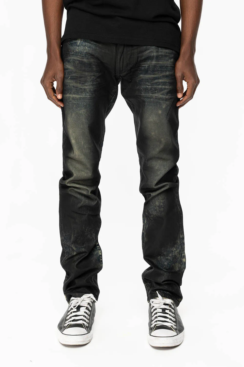 MENS LONG FLAP SLIM JEANS WITH CRYSTALS AND NAILHEADS IN 5D SEMI COATING DNM sold by Robin's Jean