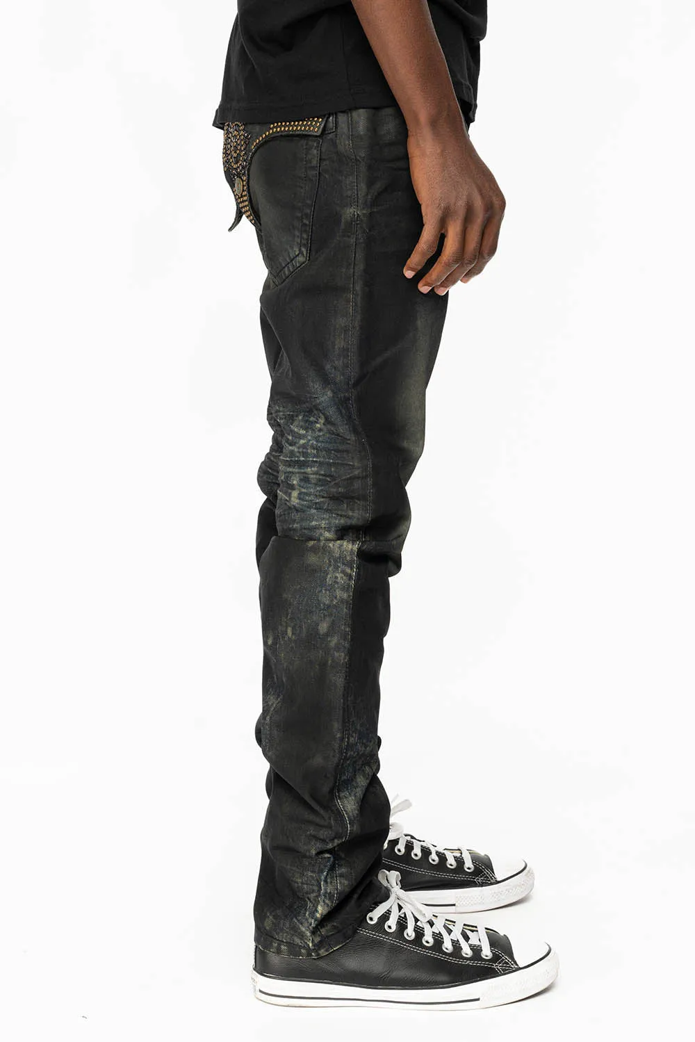 MENS LONG FLAP SLIM JEANS WITH CRYSTALS AND NAILHEADS IN 5D SEMI COATING DNM sold by Robin's Jean product image thumbnail 2