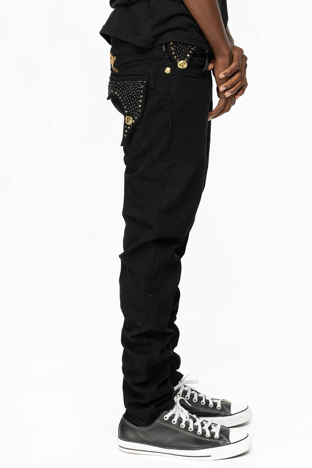 KILLER FLAP MENS SKINNY JEANS IN PURE BLACK WITH GOLD ROBIN’S LOGO AND FULL CRYSTALS sold by Robin's Jean product image thumbnail 3