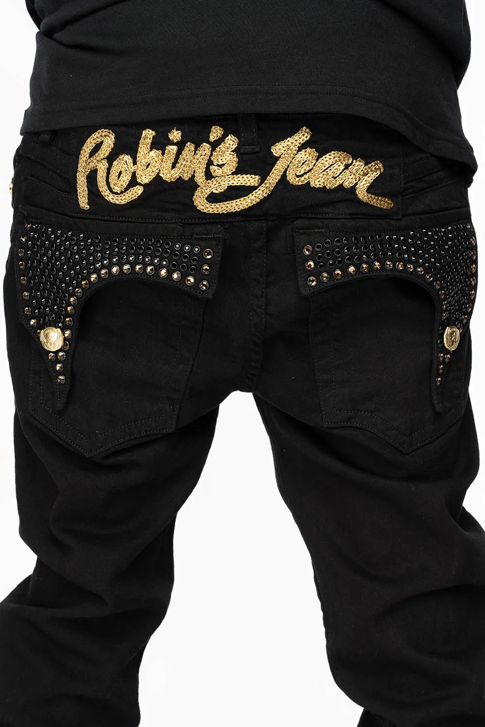 KILLER FLAP MENS SKINNY JEANS IN PURE BLACK WITH GOLD ROBIN’S LOGO AND FULL CRYSTALS sold by Robin's Jean product image thumbnail 4