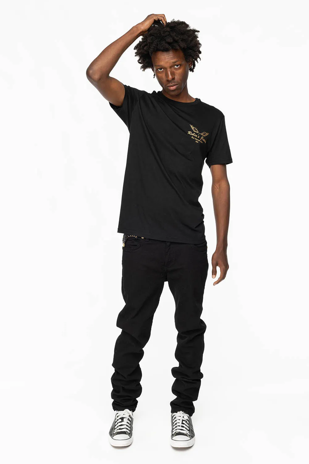 KILLER FLAP MENS SKINNY JEANS IN PURE BLACK WITH GOLD ROBIN’S LOGO AND FULL CRYSTALS sold by Robin's Jean product image thumbnail 5