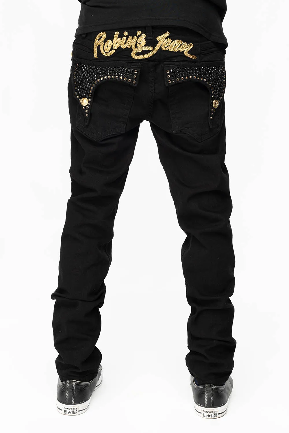 KILLER FLAP MENS SKINNY JEANS IN PURE BLACK WITH GOLD ROBIN’S LOGO AND FULL CRYSTALS sold by Robin's Jean