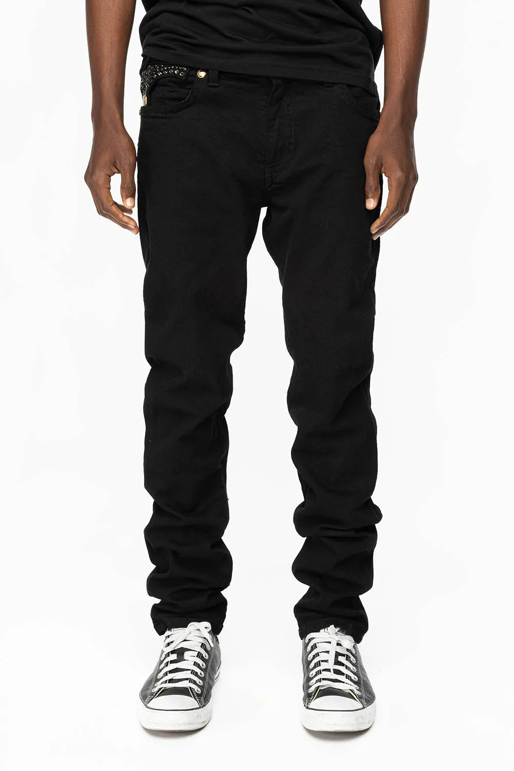 KILLER FLAP MENS SKINNY JEANS IN PURE BLACK WITH GOLD ROBIN’S LOGO AND FULL CRYSTALS sold by Robin's Jean product image thumbnail 2