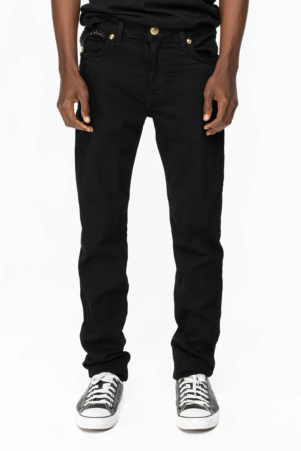 KILLER FLAP MENS SKINNY JEANS IN PURE BLACK WITH GOLD ROBIN’S LOGO AND CRYSTALS sold by Robin's Jean product image thumbnail 3
