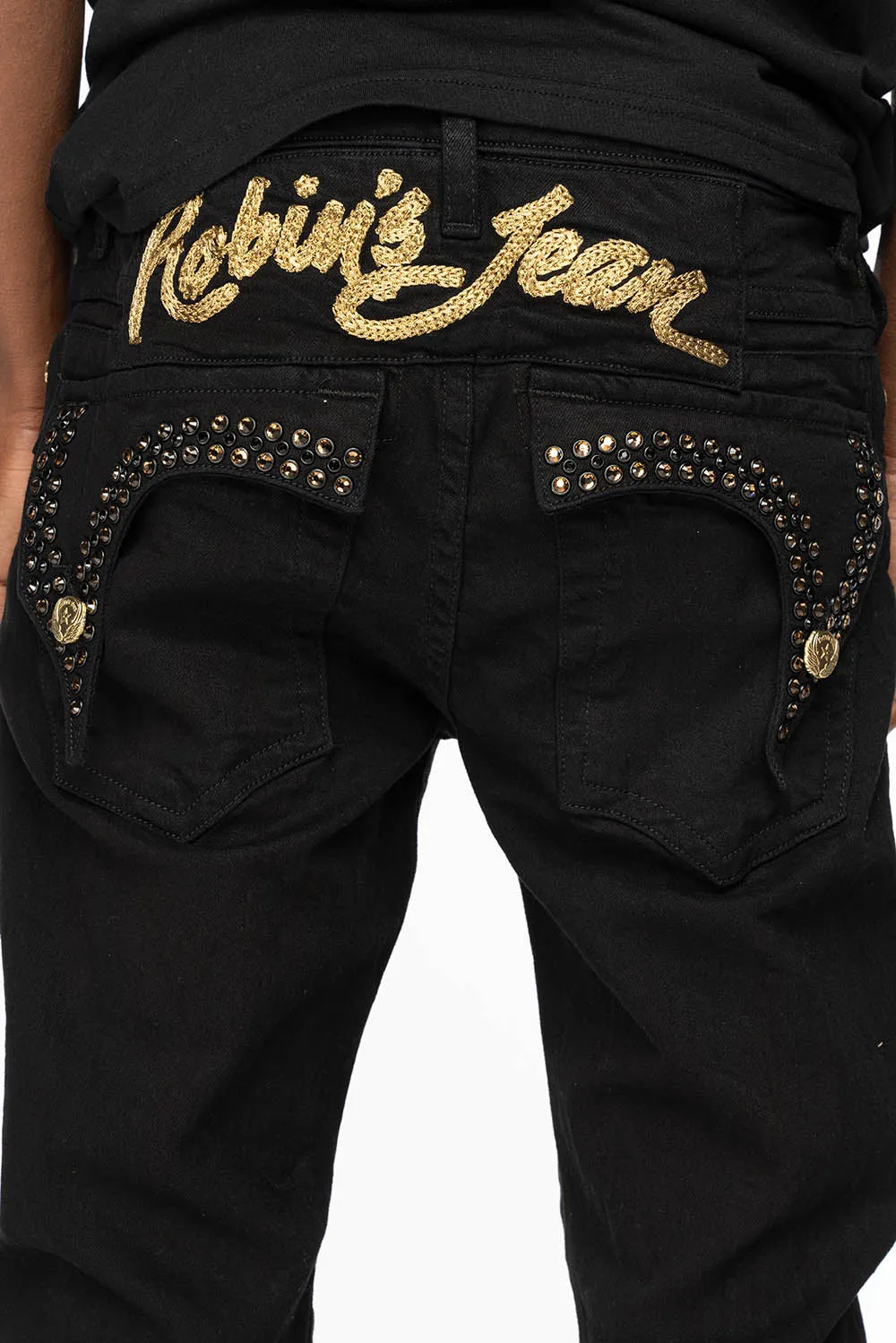 KILLER FLAP MENS SKINNY JEANS IN PURE BLACK WITH GOLD ROBIN’S LOGO AND CRYSTALS sold by Robin's Jean product image thumbnail 5