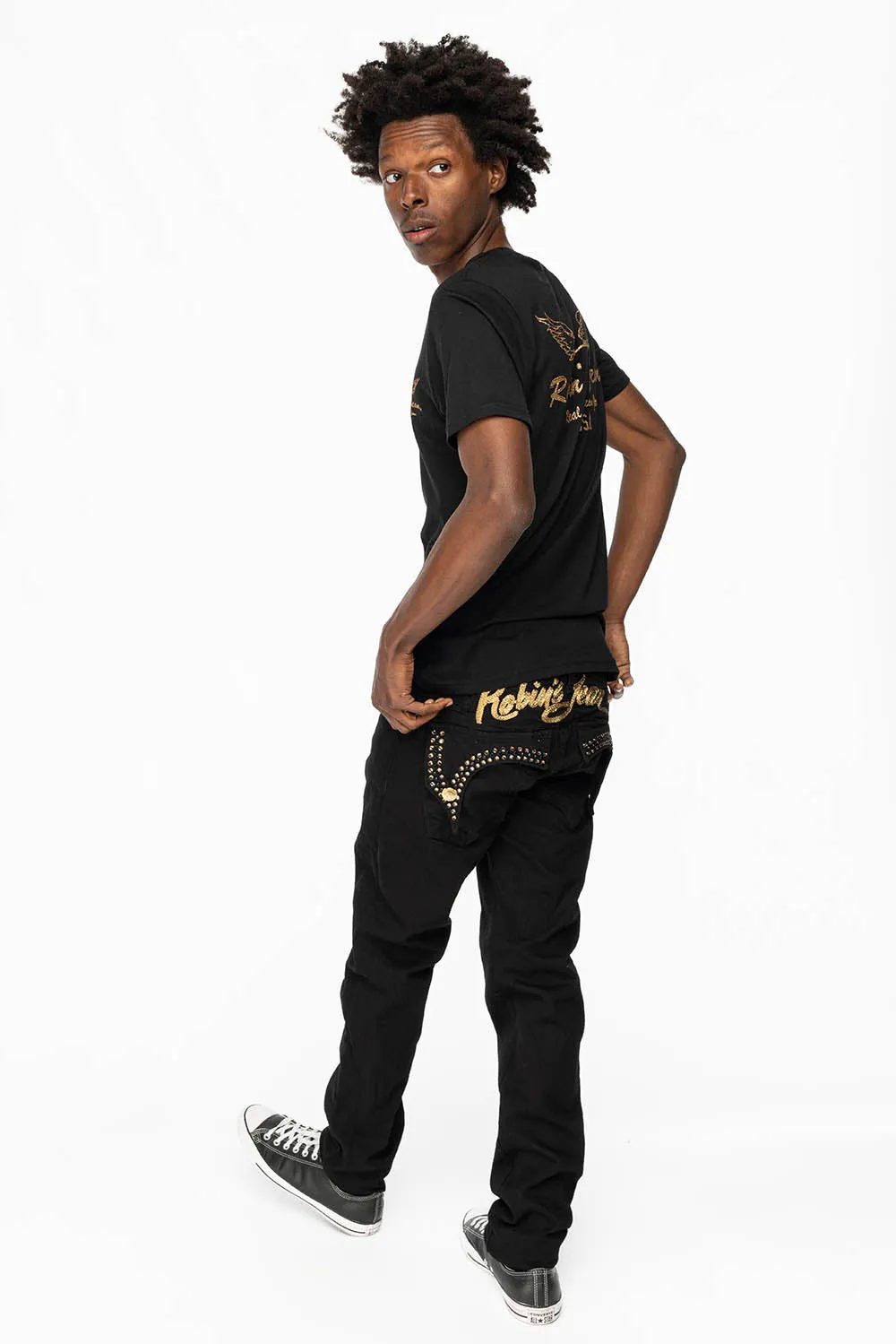 KILLER FLAP MENS SKINNY JEANS IN PURE BLACK WITH GOLD ROBIN’S LOGO AND CRYSTALS sold by Robin's Jean