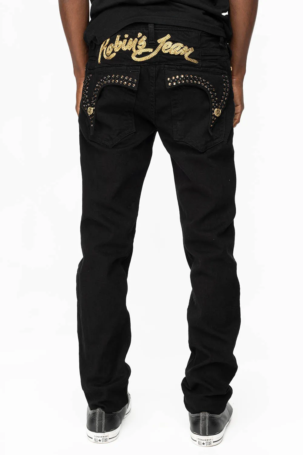 KILLER FLAP MENS SKINNY JEANS IN PURE BLACK WITH GOLD ROBIN’S LOGO AND CRYSTALS sold by Robin's Jean product image thumbnail 2