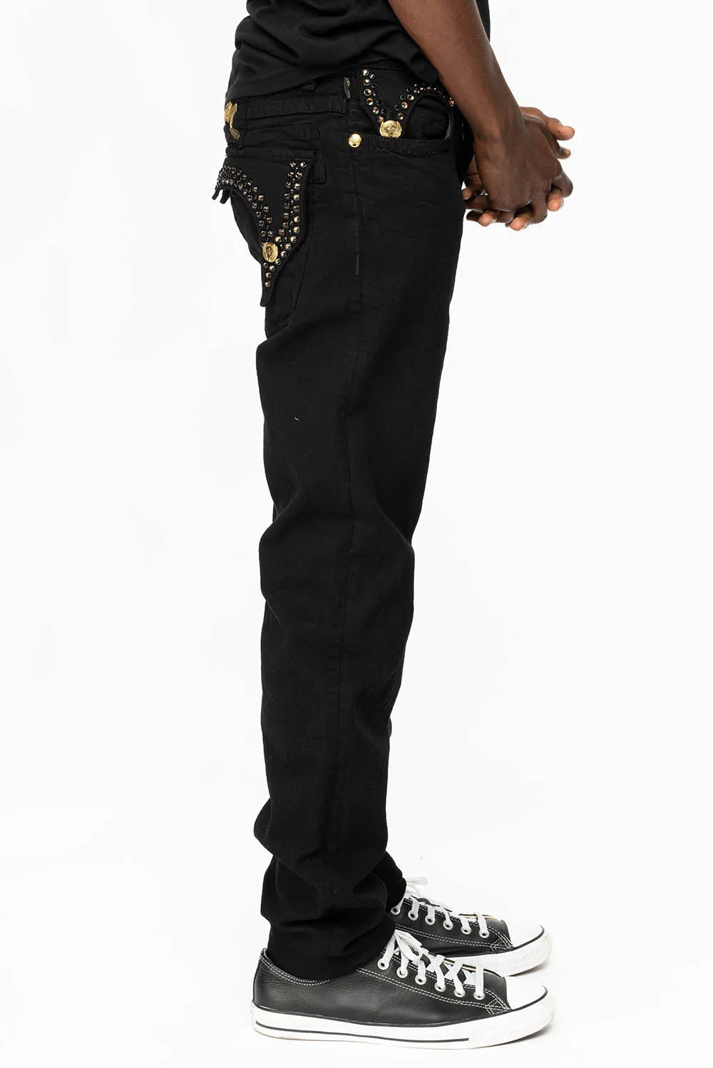 KILLER FLAP MENS SKINNY JEANS IN PURE BLACK WITH GOLD ROBIN’S LOGO AND CRYSTALS sold by Robin's Jean product image thumbnail 4