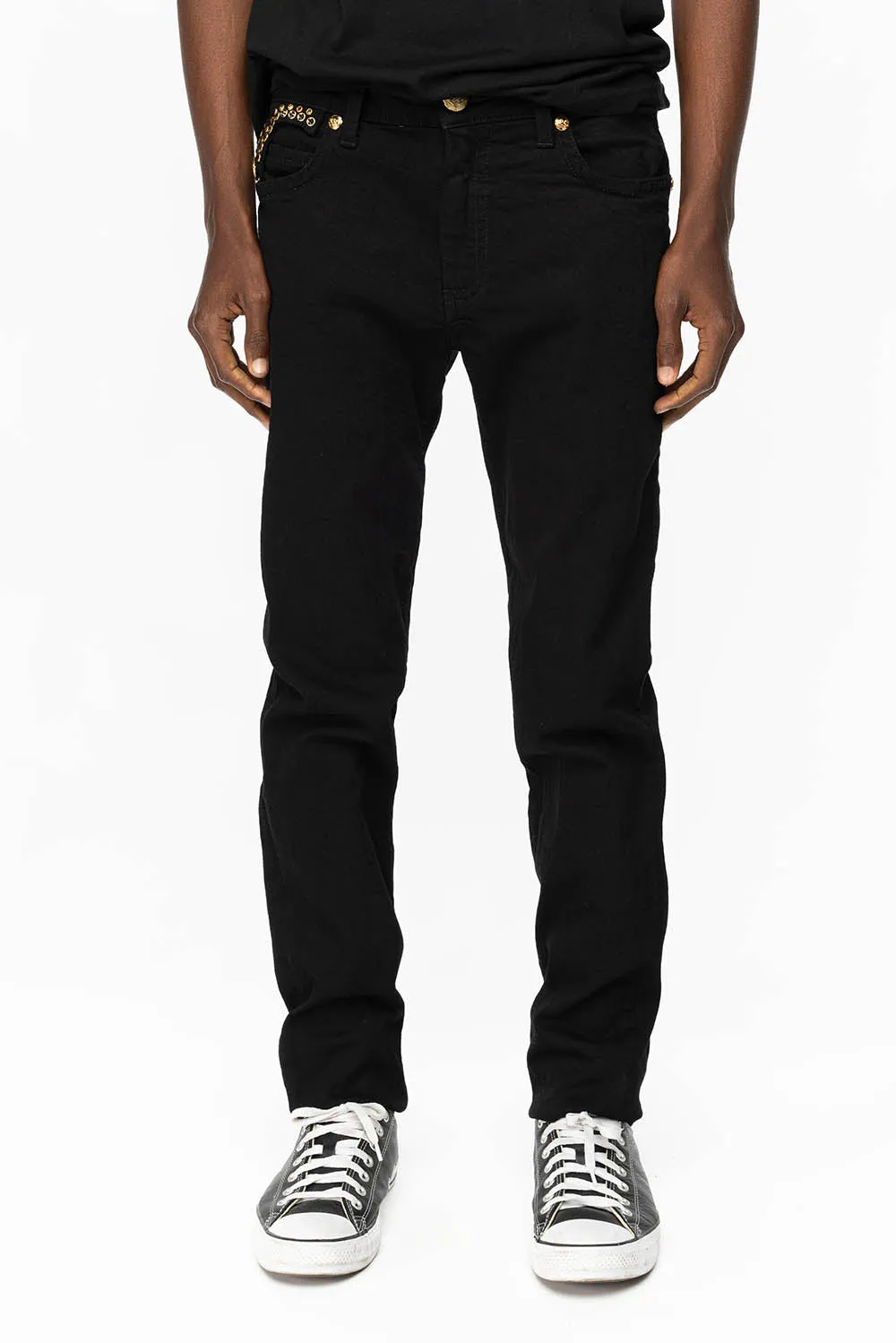 KILLER FLAP MENS SKINNY JEANS IN PURE BLACK WITH GOLD ROBIN’S LOGO AND GOLD AURUM CRYSTALS sold by Robin's Jean product image thumbnail 4