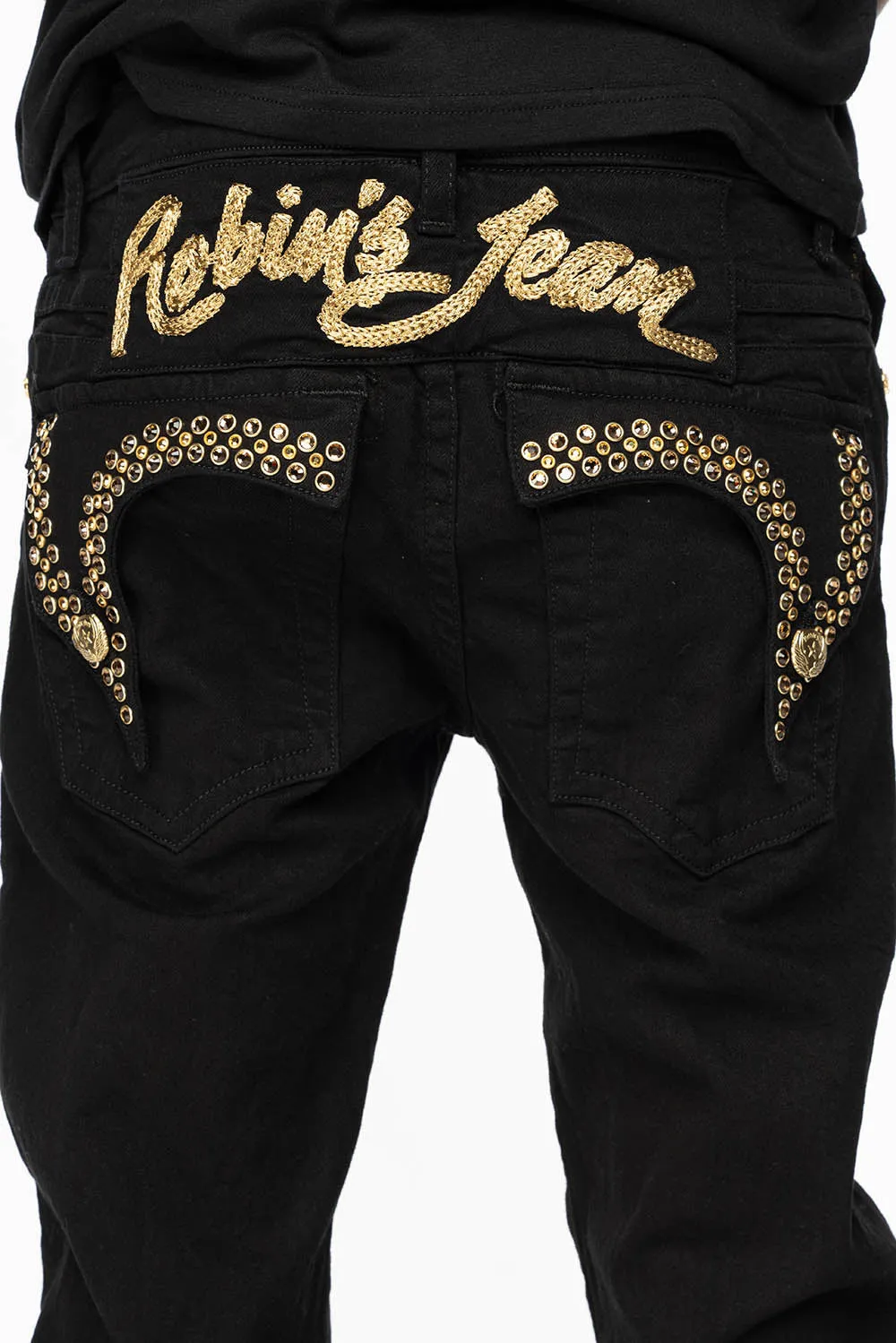 KILLER FLAP MENS SKINNY JEANS IN PURE BLACK WITH GOLD ROBIN’S LOGO AND GOLD AURUM CRYSTALS sold by Robin's Jean