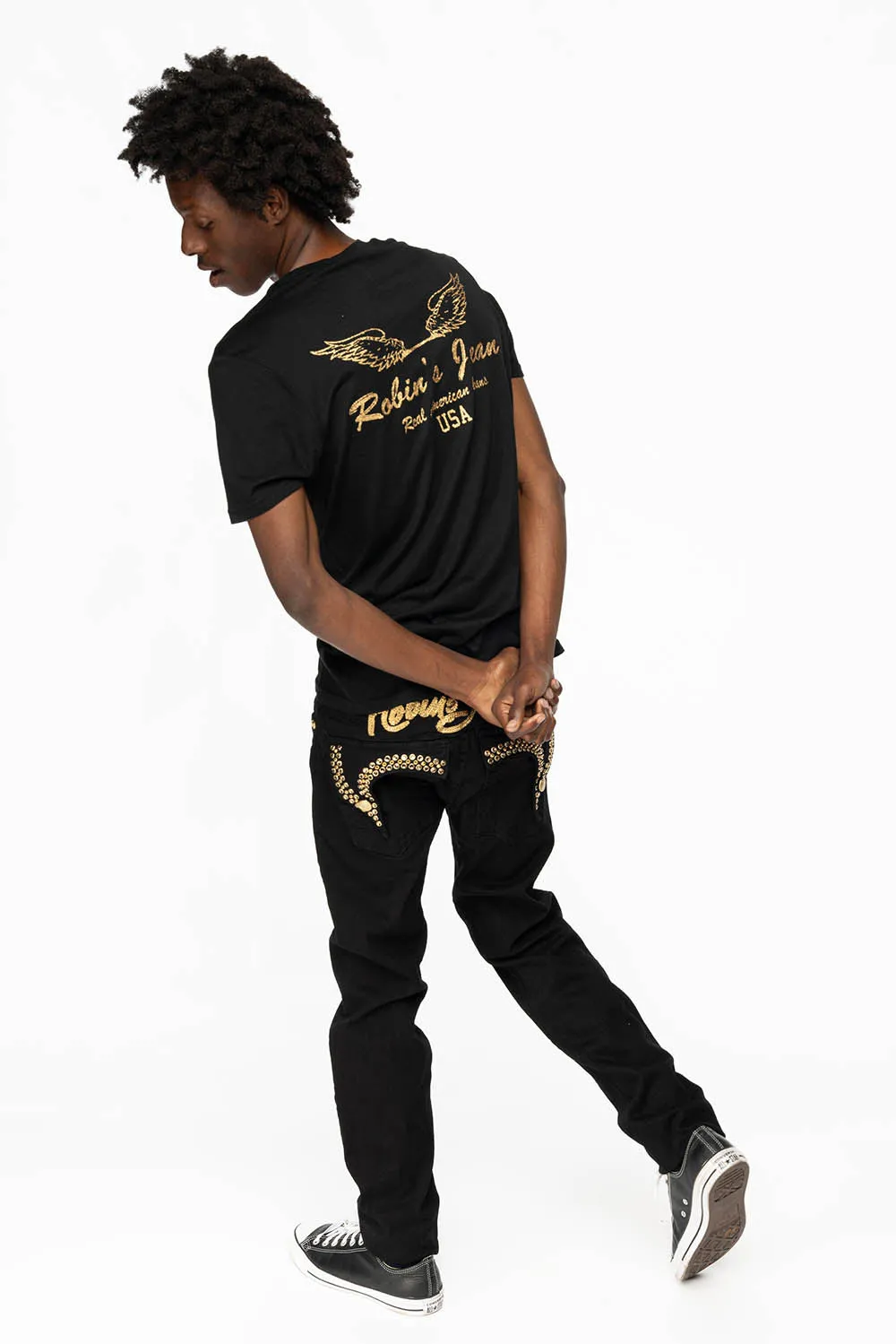 KILLER FLAP MENS SKINNY JEANS IN PURE BLACK WITH GOLD ROBIN’S LOGO AND GOLD AURUM CRYSTALS sold by Robin's Jean product image thumbnail 2