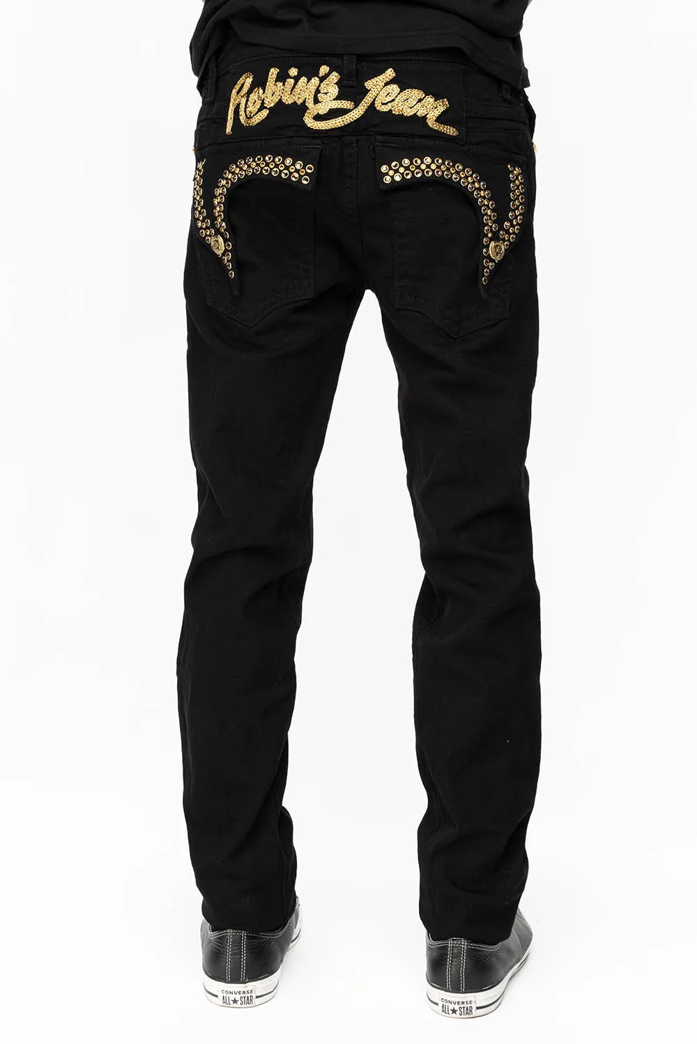 KILLER FLAP MENS SKINNY JEANS IN PURE BLACK WITH GOLD ROBIN’S LOGO AND GOLD AURUM CRYSTALS sold by Robin's Jean product image thumbnail 3