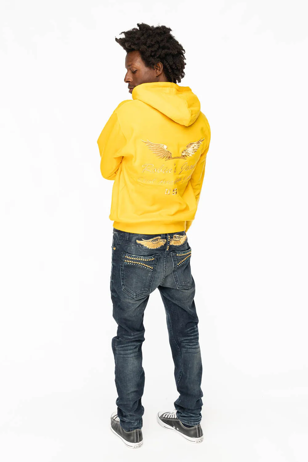 SKINNY MENS JEANS IN 4 D DARK BLUE WASH WITH BLUE SAPPHIRE CRYSTALS AND GOLD NAILHEAD sold by Robin's Jean product image thumbnail 5