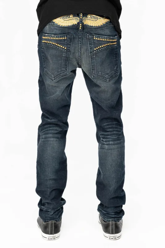 SKINNY MENS JEANS IN 4 D DARK BLUE WASH  WITH BLUE SAPPHIRE CRYSTALS AND GOLD NAILHEAD sold by Robin's Jean