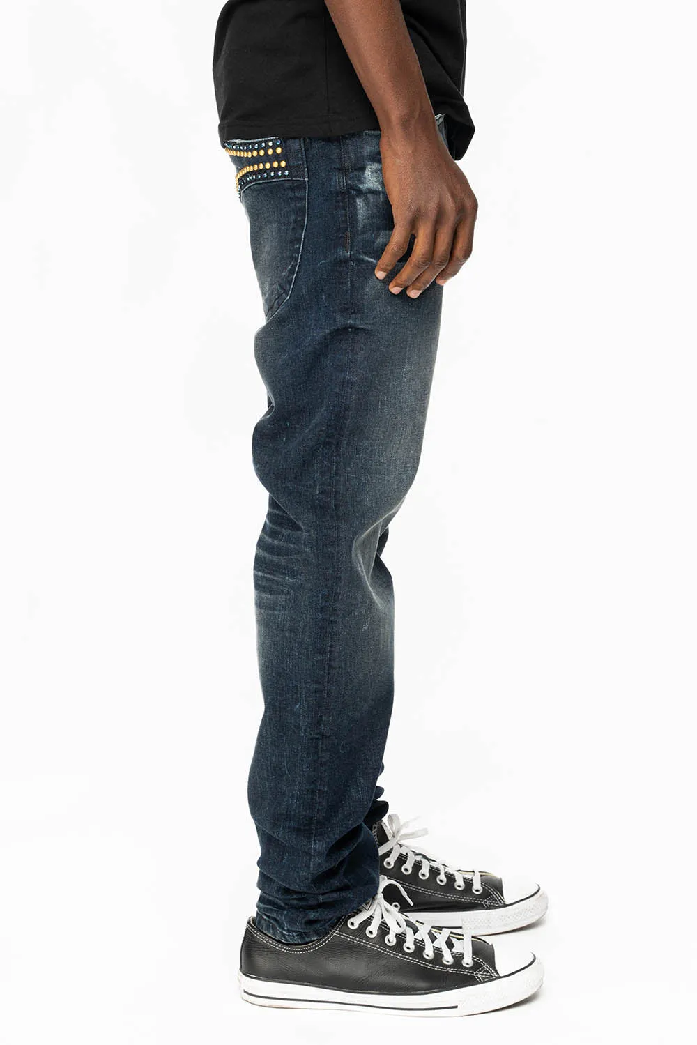 SKINNY MENS JEANS IN 4 D DARK BLUE WASH WITH BLUE SAPPHIRE CRYSTALS AND GOLD NAILHEAD sold by Robin's Jean product image thumbnail 3