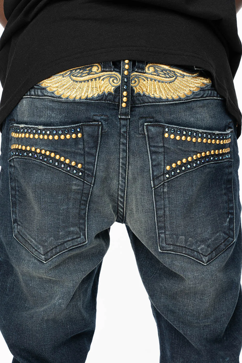SKINNY MENS JEANS IN 4 D DARK BLUE WASH WITH BLUE SAPPHIRE CRYSTALS AND GOLD NAILHEAD sold by Robin's Jean product image thumbnail 4