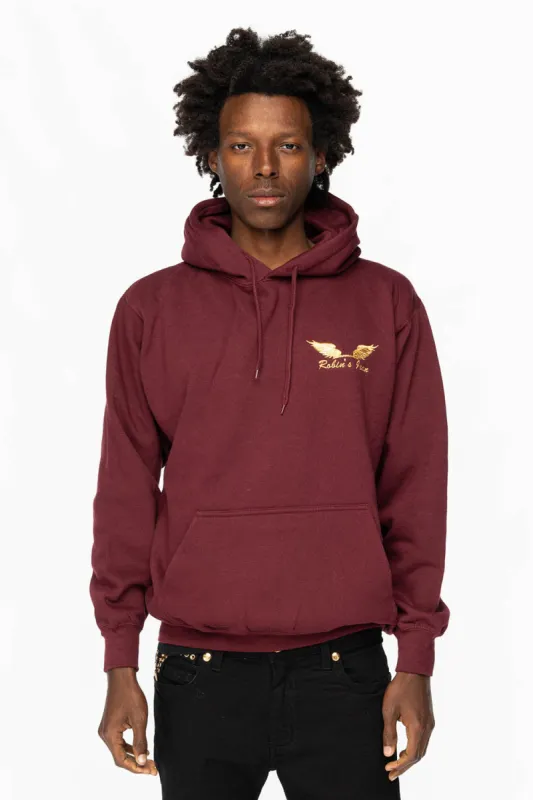 PULLOVER HOODIE IN BURGANDY WITH GOLD WINGS EMBROIDERY sold by Robin's Jean