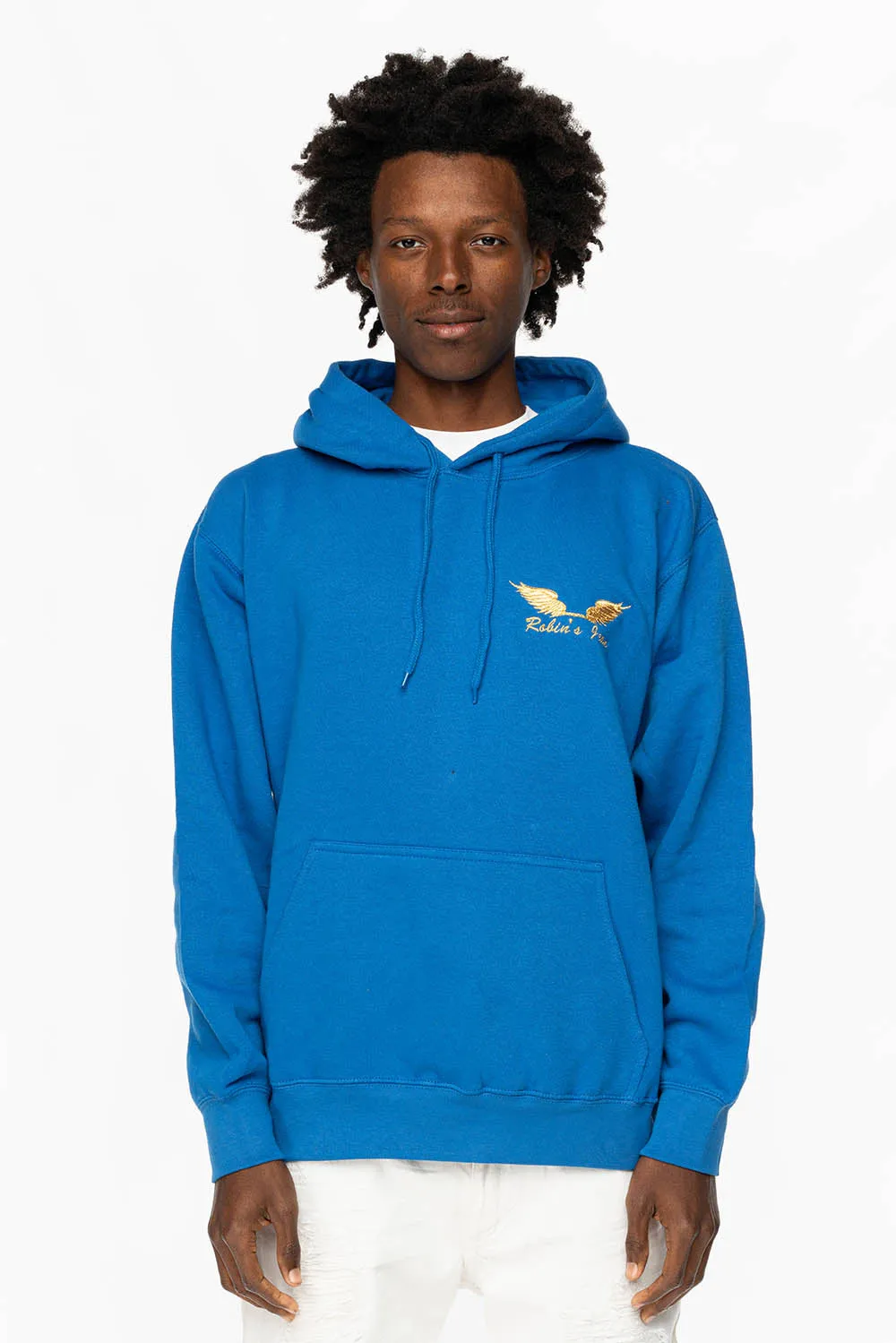 PULLOVER HOODIE IN ROYAL BLUE WITH GOLD WINGS EMBROIDERY sold by Robin's Jean