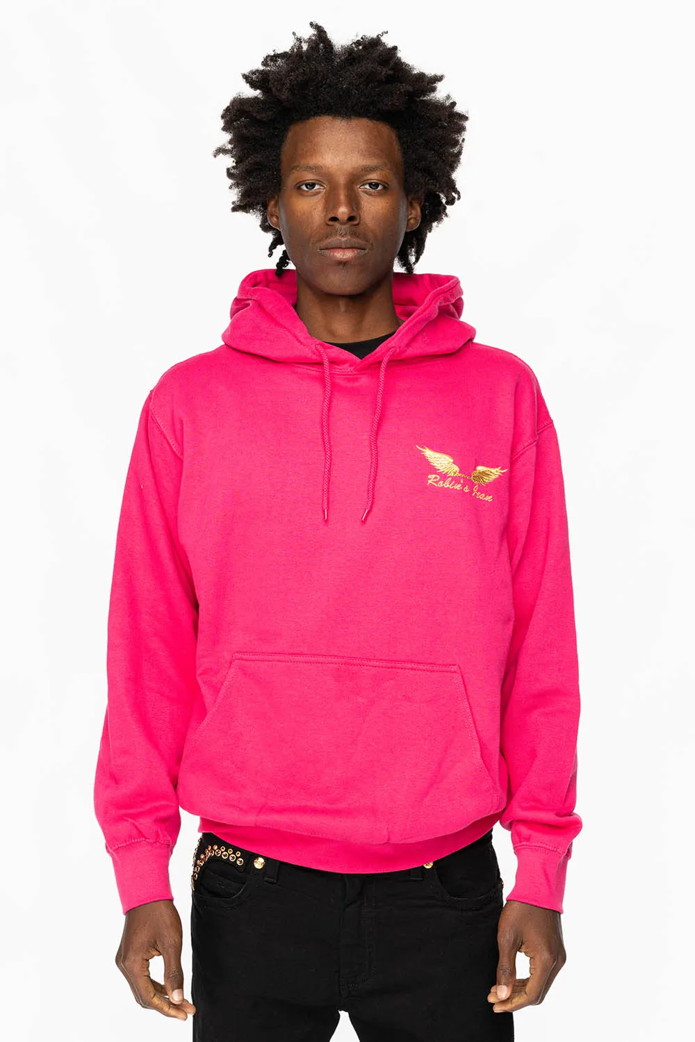 PULLOVER HOODIE IN FUSCHIA WITH GOLD WINGS EMBROIDERY sold by Robin's Jean