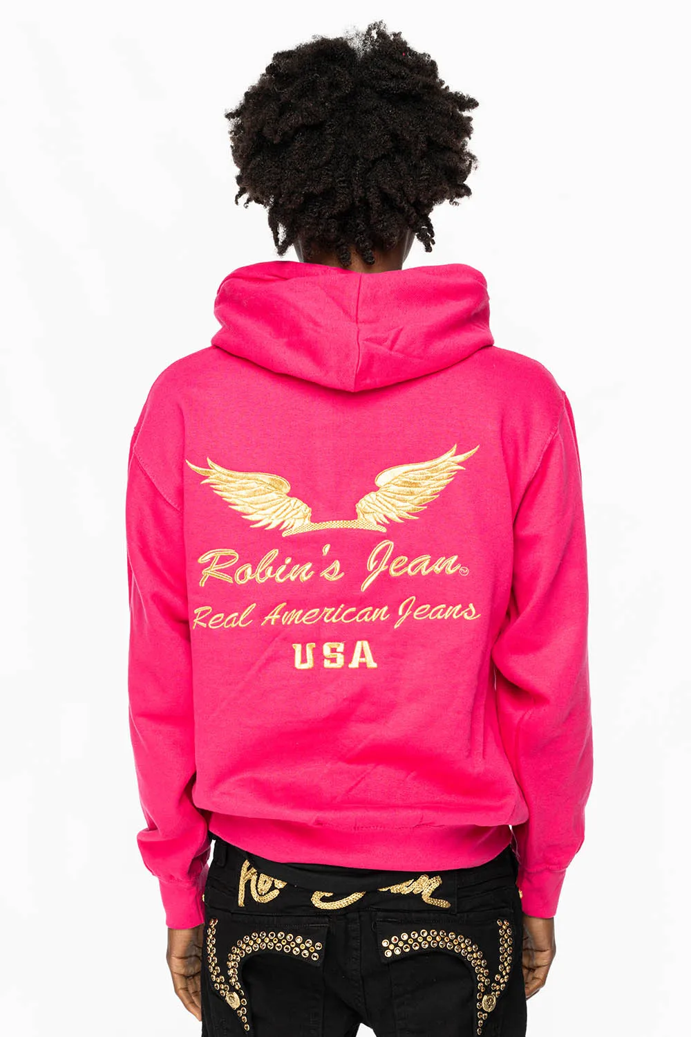 PULLOVER HOODIE IN FUSCHIA WITH GOLD WINGS EMBROIDERY sold by Robin's Jean product image thumbnail 2