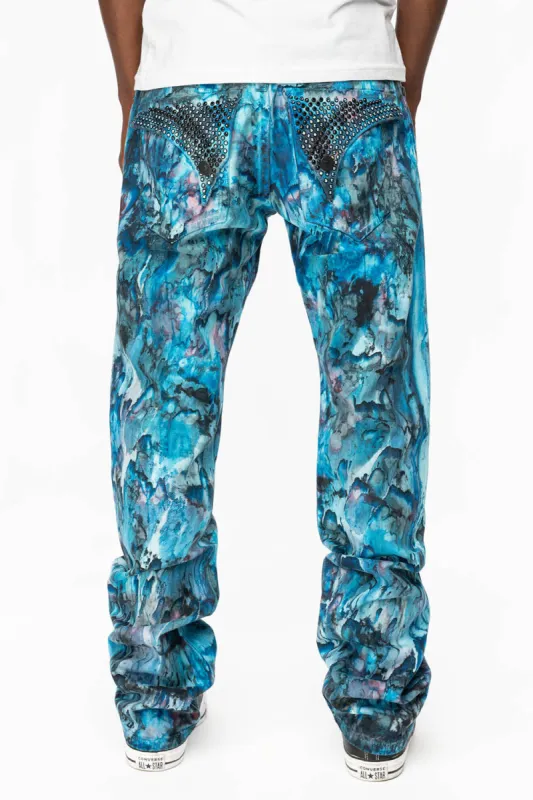 MENS CLASSIC STRAIGHT LEG LONG FLAP JEANS IN WATER INK BLUE WITH CRYSTALS sold by Robin's Jean