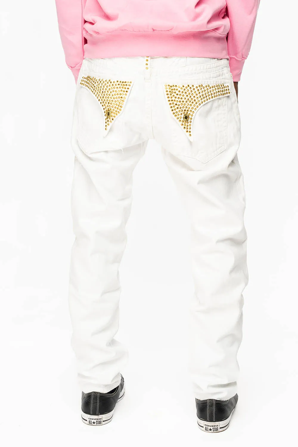MENS LONG FLAP SLIM JEANS WITH FULL AURUM CRYSTALS IN PURE WHITE DNM sold by Robin's Jean