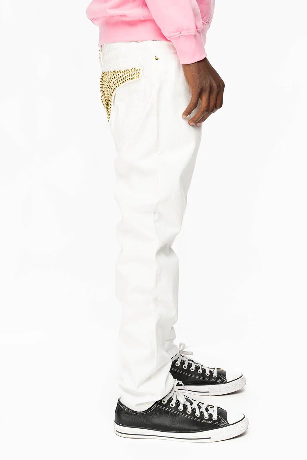 MENS LONG FLAP SLIM JEANS WITH FULL AURUM CRYSTALS IN PURE WHITE DNM sold by Robin's Jean product image thumbnail 3