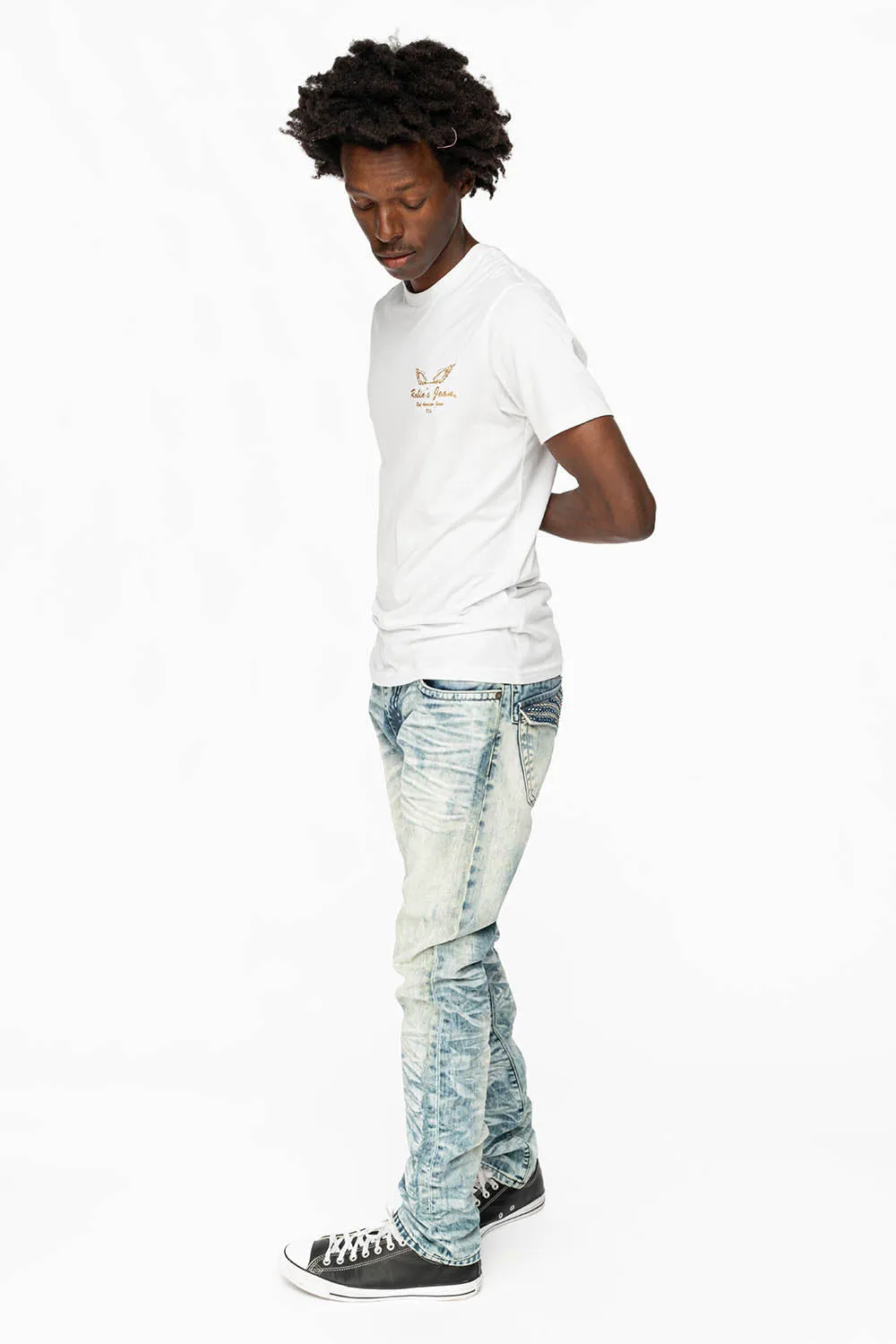 MENS LONG FLAP SLIM JEANS WITH FULL CRYSTALS IN D WASH WHITE DNM sold by Robin's Jean product image thumbnail 5