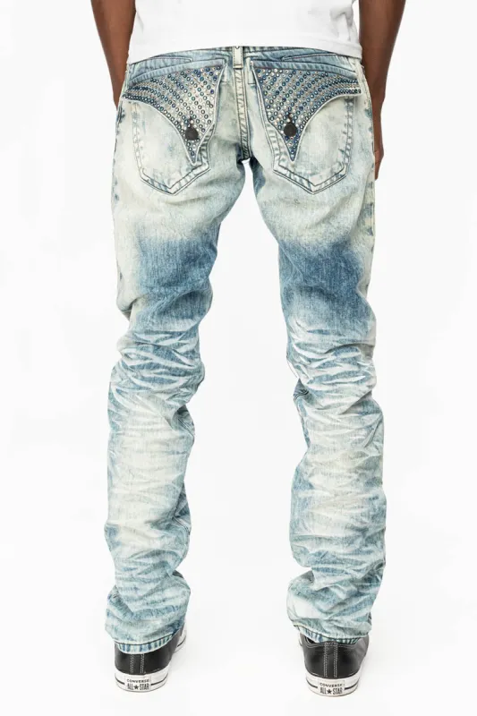 MENS LONG FLAP SLIM JEANS WITH FULL CRYSTALS IN D WASH WHITE DNM sold by Robin's Jean