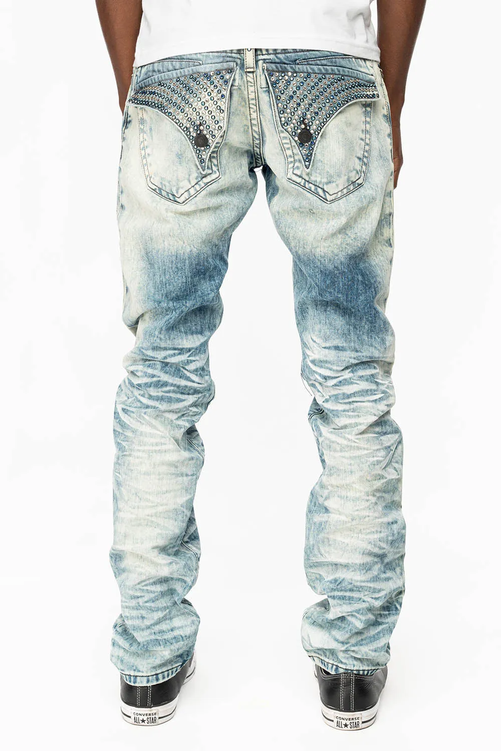 MENS LONG FLAP SLIM JEANS WITH FULL CRYSTALS IN D WASH WHITE DNM sold by Robin's Jean