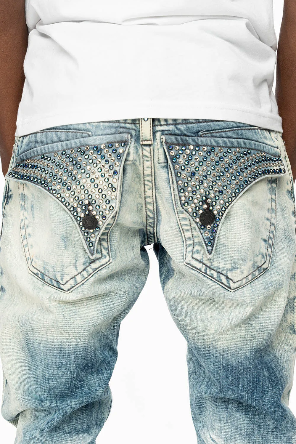 MENS LONG FLAP SLIM JEANS WITH FULL CRYSTALS IN D WASH WHITE DNM sold by Robin's Jean product image thumbnail 4
