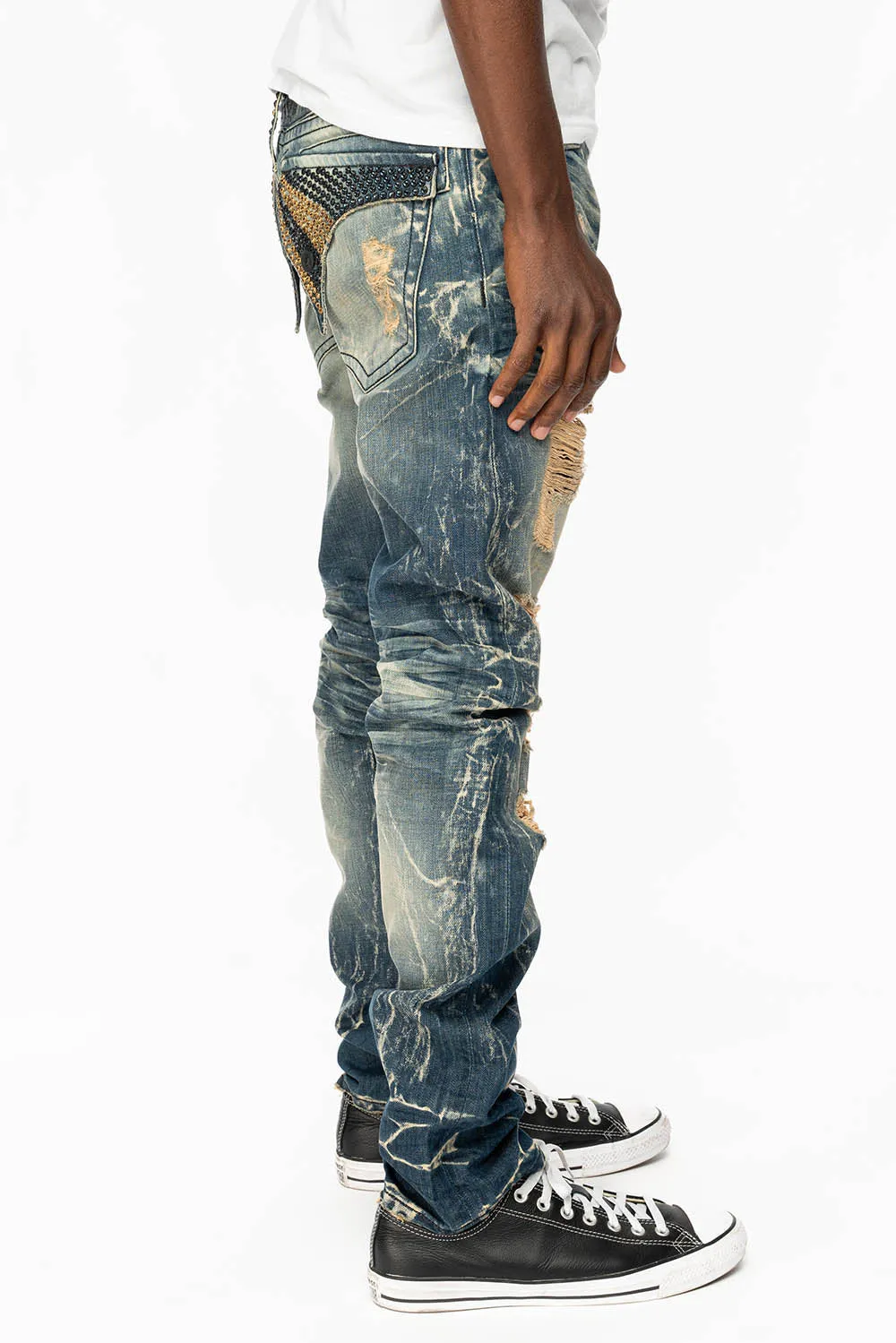 MENS LONG FLAP SLIM JEANS WITH FULL CRYSTALS IN 4D DARK BROKEN DNM sold by Robin's Jean product image thumbnail 3