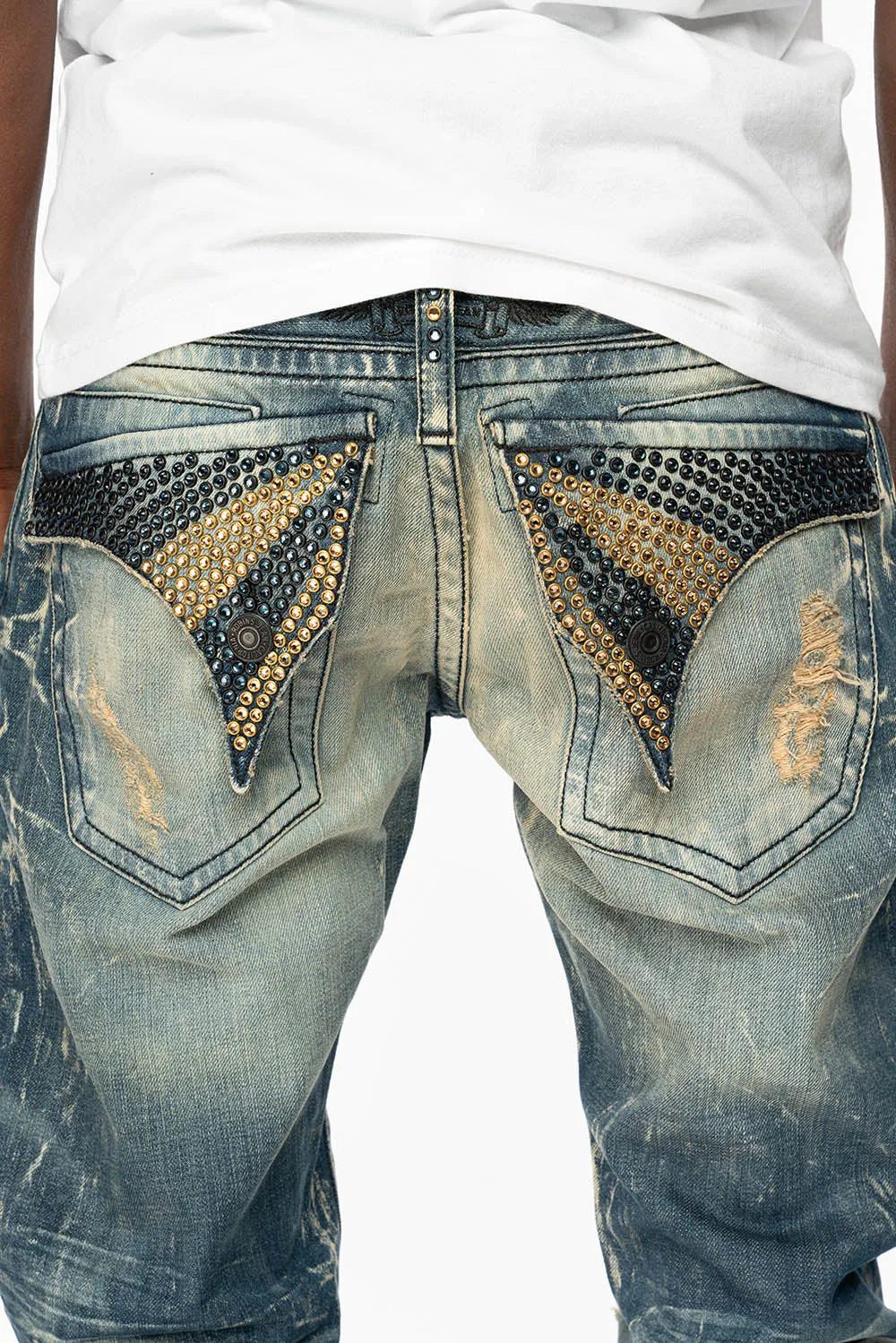 MENS LONG FLAP SLIM JEANS WITH FULL CRYSTALS IN 4D DARK BROKEN DNM sold by Robin's Jean product image thumbnail 4