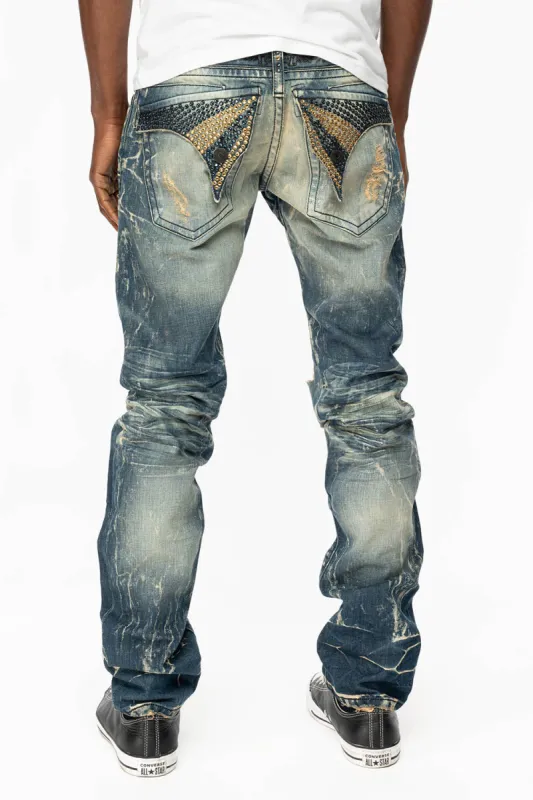 MENS LONG FLAP SLIM JEANS WITH FULL CRYSTALS IN 4D DARK BROKEN DNM sold by Robin's Jean