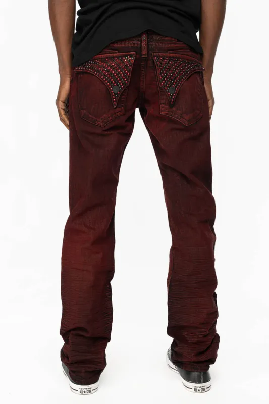 KILLER FLAP STRAIGHT LEG JEANS WITH  FULL CRYSTALS  IN DIGGER RED COATED WASH sold by Robin's Jean