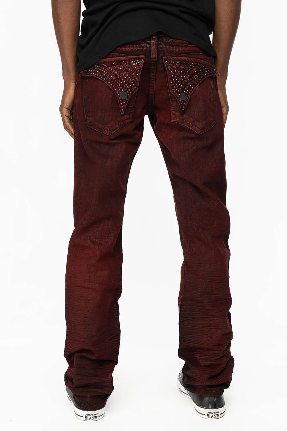 KILLER FLAP STRAIGHT LEG JEANS WITH FULL CRYSTALS IN DIGGER RED COATED WASH sold by Robin's Jean