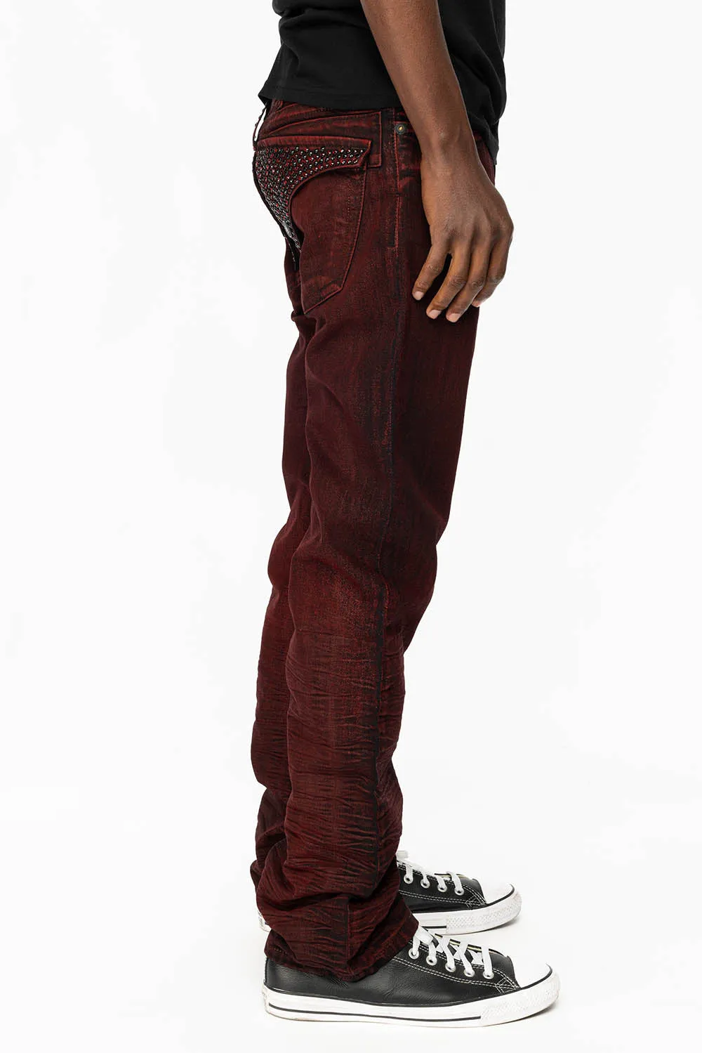 KILLER FLAP STRAIGHT LEG JEANS WITH FULL CRYSTALS IN DIGGER RED COATED WASH sold by Robin's Jean product image thumbnail 3