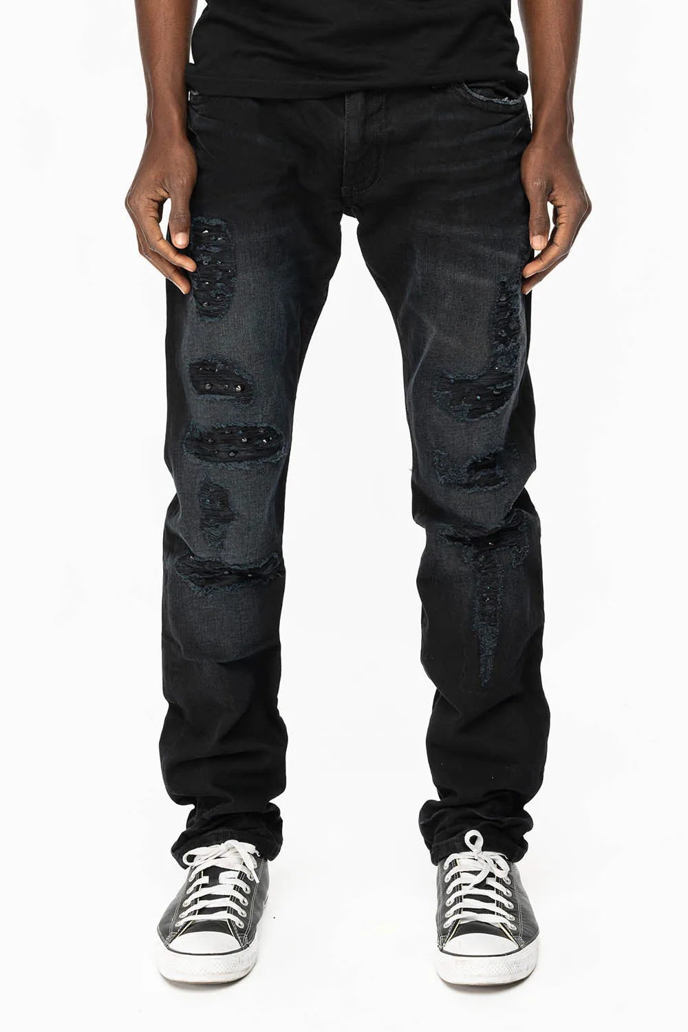 MENS LONG FLAP SLIM JEANS WITH CRYSTALS AND STUDS IN F-UP BLACK WASH sold by Robin's Jean product image thumbnail 2