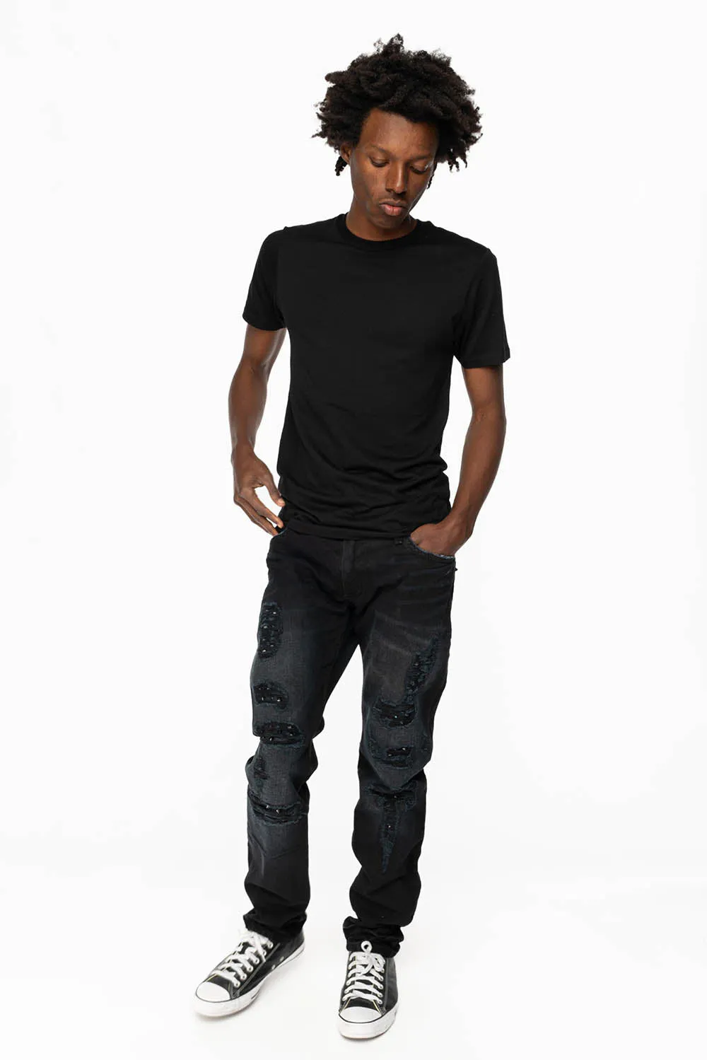 MENS LONG FLAP SLIM JEANS WITH CRYSTALS AND STUDS IN F-UP BLACK WASH sold by Robin's Jean product image thumbnail 5