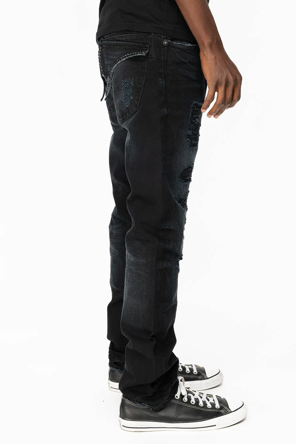 MENS LONG FLAP SLIM JEANS WITH CRYSTALS AND STUDS IN F-UP BLACK WASH sold by Robin's Jean product image thumbnail 3